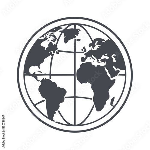 Simple Gray Globe Icon Depicting World Continents and Longitudinal and Latitudinal Lines inside a Circle