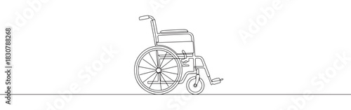 Continuous one thin smooth line simple minimalistic drawing of a wheelchair on a white background