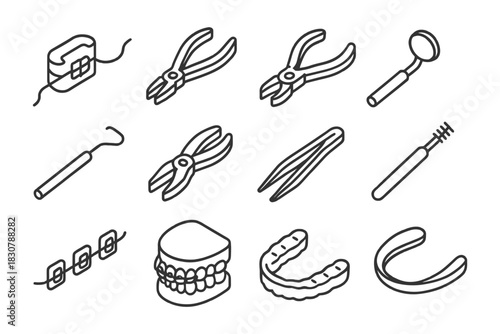 Orthodontic tools icons collection: braces, tweezers, pliers, dental models.