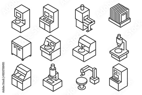 Isometric line art of various industrial machines and equipment.