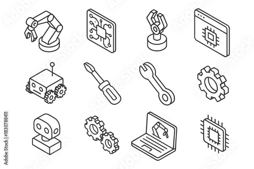 Robotics and technology icons featuring tools and circuitry in line art style.