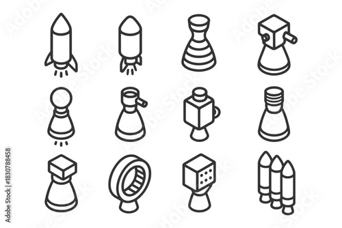 Collection of black and white iconic rocket and spacecraft illustrations.