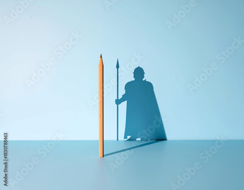 Wooden pencil standing upright casts shadow resembling knight holding spear, symbolizing creativity and imagination