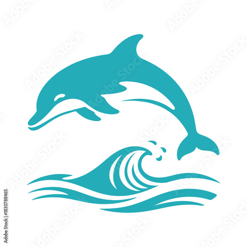 Isolated blue stylized dolphin jumping over a large ocean wave, capturing the energy of marine life vector graphic.