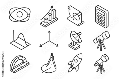 Science and math icons featuring calculators telescopes and graphs.