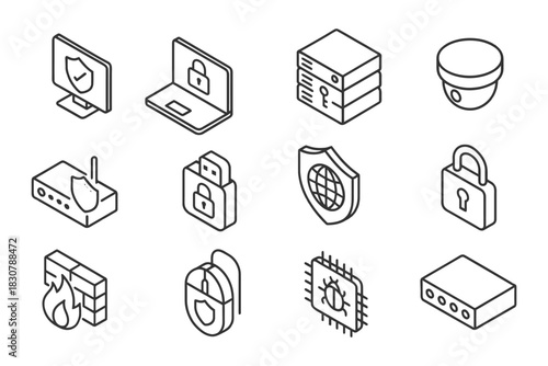 Outline cybersecurity icons: firewall, lock, network, shield, camera, server, usb, router, malware.