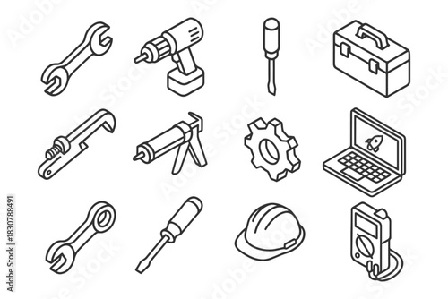 Outline style tools icons set: wrench, drill, screwdriver, toolbox, gear, laptop, helmet.