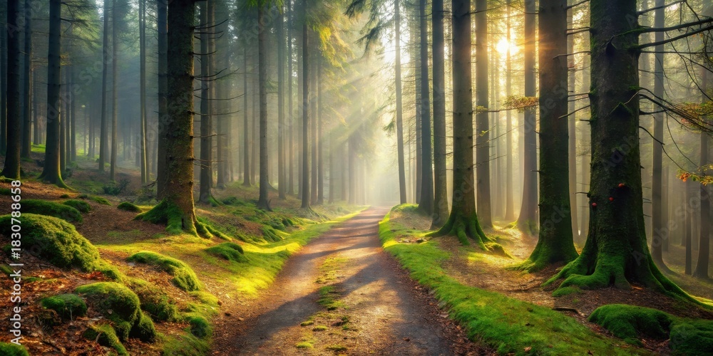 Obraz premium Sunlit Path Through a Mystical Forest of Moss-Covered Trees and Golden Light