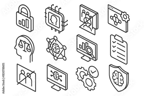 Cybersecurity and ai icons set with brain interface and data analysis concepts.