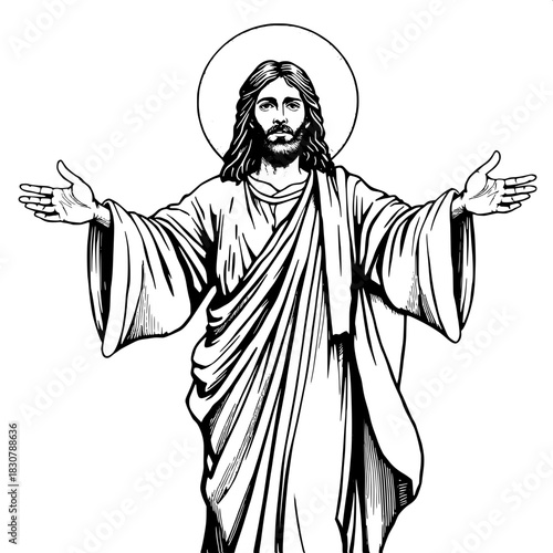 Black-and-white sacred art of Jesus with outstretched arms, flowing draped garments that cascade down to his ankles, a radiant halo surrounding his head with subtle gradient textures, and heavy ink li