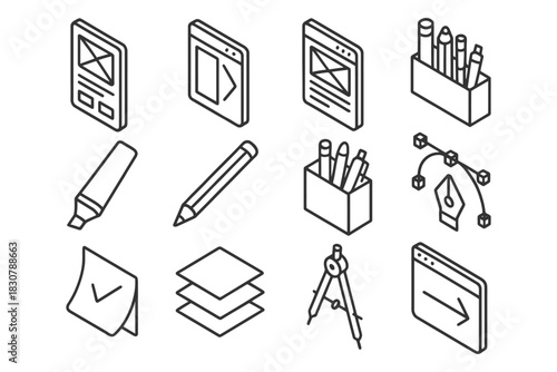 Isometric icons of design tools and interfaces for creative projects.