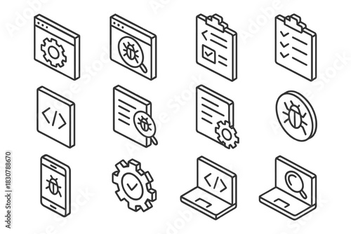 Isometric icons of software development and debugging tools.
