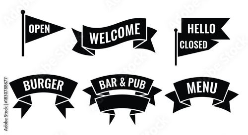 Collection of black ribbon banners and flags with restaurant and business messages