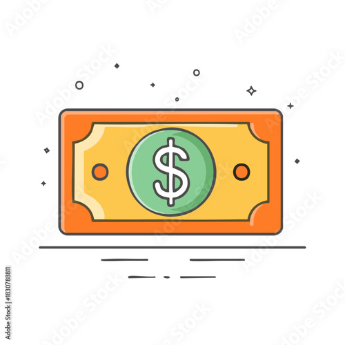 Stylized dollar bill with a green coin featuring a dollar sign and decorative sparks