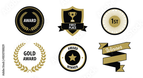 Collection of golden awards and winning symbols, celebrating achievement and success