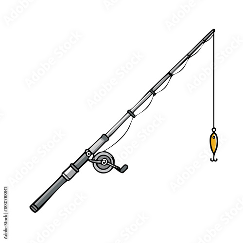Fishing pole with yellow lure ready to cast a line for catching fish with reel, rod and fishing equipment