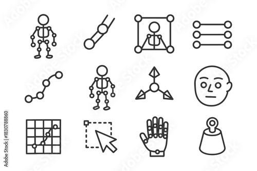 Set of line icons for robotics and interface design featuring human figures and tools.