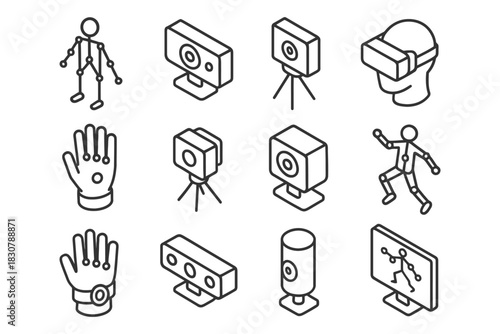 Virtual reality and motion tracking technology line icons set.