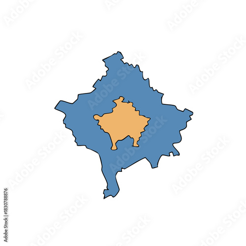 Illustration of Kosovo Map in Blue and Gold Colors with Black Outline
