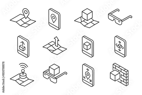 Augmented reality icons: navigation, 3d modeling, virtual interactions, and smart glasses.