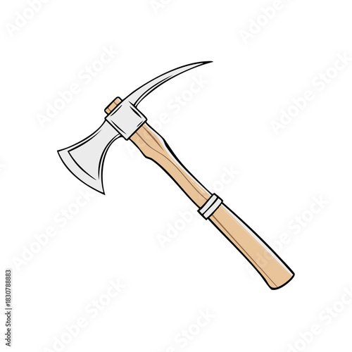 Illustration of a hatchet with a wood handle and pickaxe end