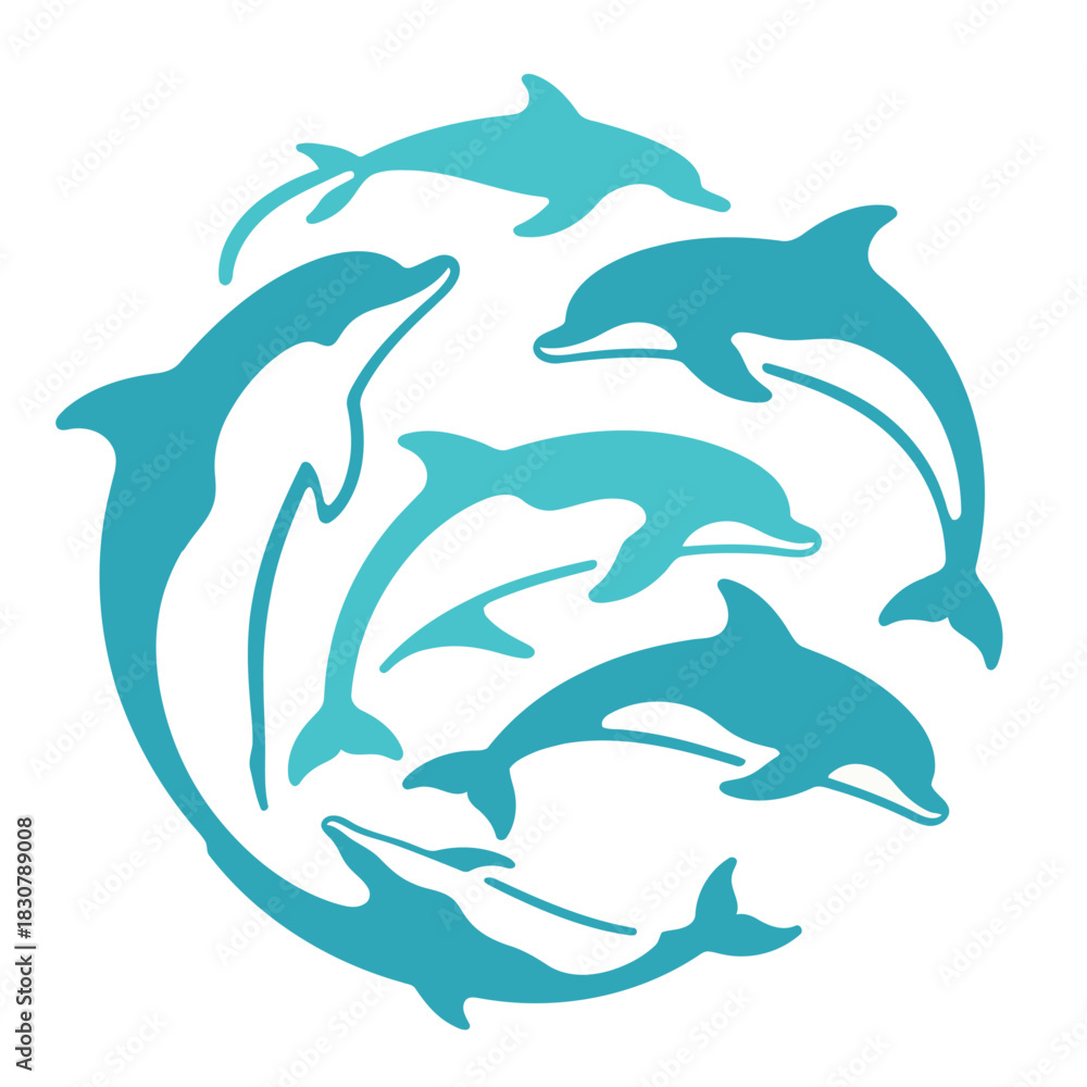 Fototapeta premium Pod of seven dolphins swimming together in a swirling, circular pattern in shades of blue vector illustration.
