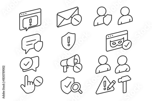 Set of cybersecurity and communication icons with shields and alerts.