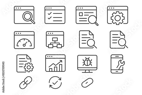 Seo and web optimization icons: magnifying glass, settings, analysis, and more.