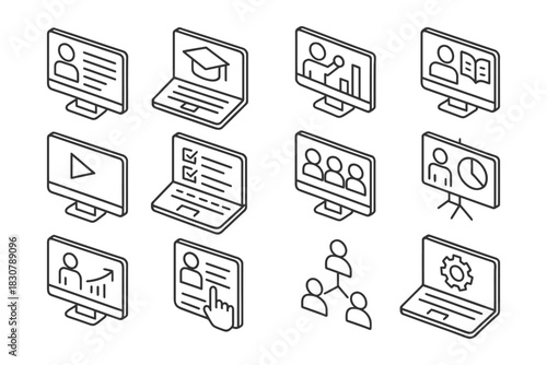 Online learning and digital presentation icon set for virtual education and business meetings.