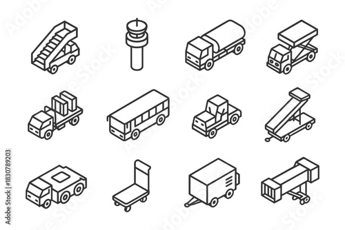 Isometric airport vehicles and equipment icons collection.