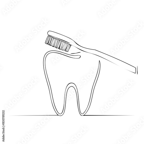 One line drawing of a tooth with a toothbrush for dental care