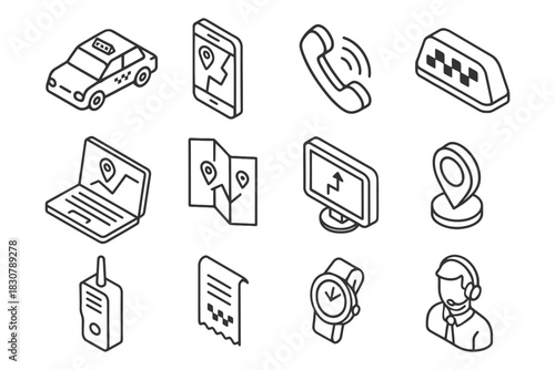Taxi service icons: communication, navigation, and technology elements.