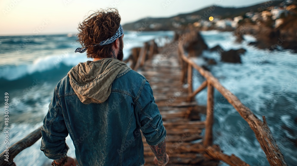 Fototapeta premium A rugged man strolls along a weathered wooden path beside crashing waves as the sun sets, evoking a sense of adventure and freedom in this beautiful coastal scene.