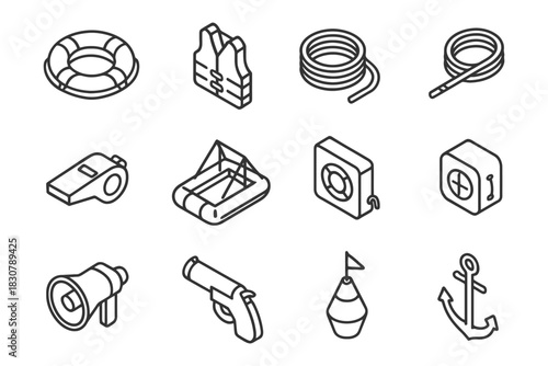 Nautical safety equipment icons: life buoy, vest, rope, whistle, raft, anchor.
