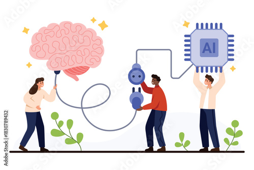 People connecting a human brain to an AI microchip, symbolizing artificial intelligence, machine learning, and technology collaboration, isolated on white background vector illustration