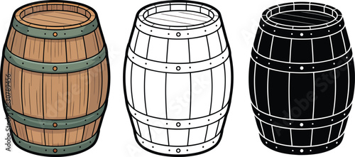 Fototapeta Naklejka Na Ścianę i Meble -  wooden wine barrel silhouette & Outline and illustration set isolated on transparent background