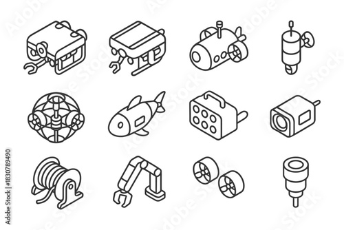 Set of submarine robotics and underwater technology icons.