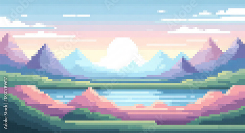 Pixel art mountain landscape with sharp peaks reflecting in a clear lake, framed by trees and soft pastel colors