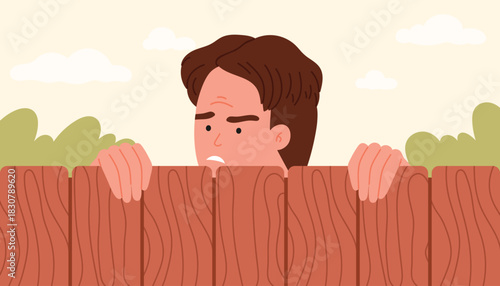Man peeking over wooden fence with jealous expression, representing envy or curiosity about neighbor life, outdoors in a suburban setting, vector illustration