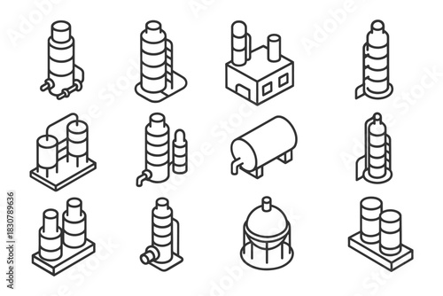 Industrial icons set: refinery and factory equipment in line art style.