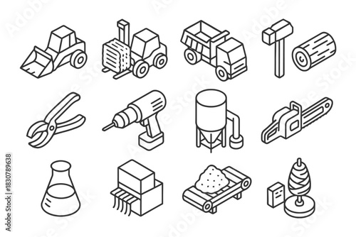 Collection of industrial tools and construction equipment icons.