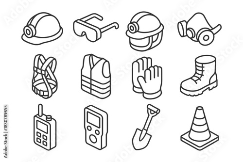 Essential safety equipment icons: helmet, goggles, vest, gloves, boots, tools.