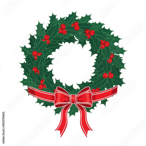 A festive green holly Christmas wreath adorned with bright red berries and a vibrant red bow, isolated on a white background.