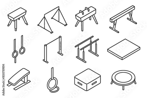 Illustration of various gymnastics equipment icons in black and white.