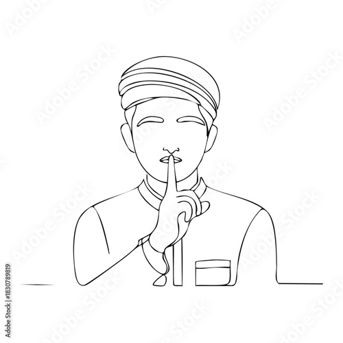 Minimalist line art illustration of a person with a head covering making a shush gesture for silence