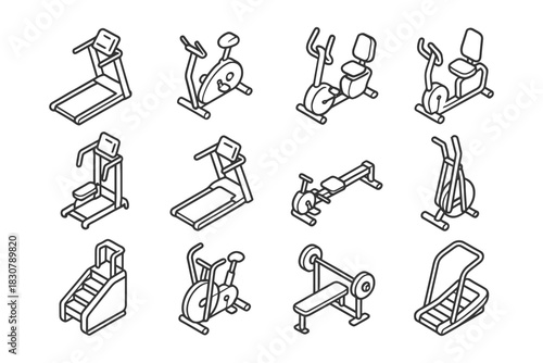 Isometric gym equipment icons set: treadmill, bike, elliptical, rower, stair climber, weight bench.