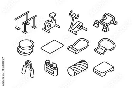 Collection of outline fitness equipment icons in black and white.