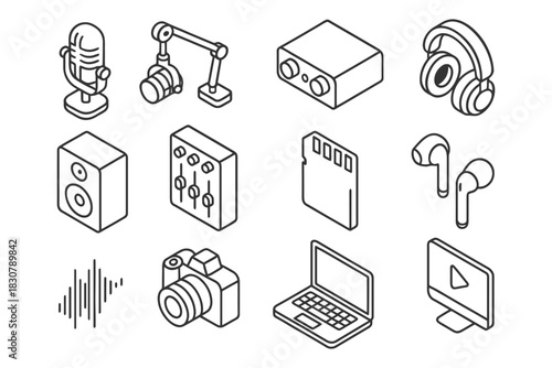 Isometric audio and technology icons: microphone, headphones, laptop, camera, speakers.