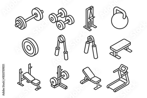 Outline illustration of gym equipment: dumbbells, kettlebell, bench, treadmill.