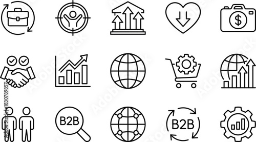 Global Business, Finance, and Marketing line icons set, vector illustration of B2B strategy, partnership, targeting, e-commerce, profit growth, and portfolio management.